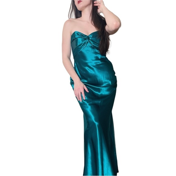 Jessica McClintock Vintage Emerald Satin Strapless Open Back Prom Gown 8 - Picture 1 of 13
